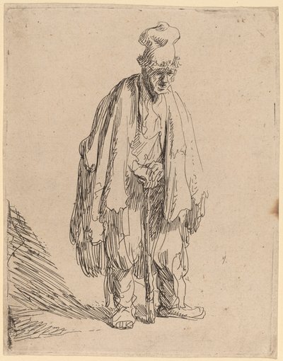 Bettler mit hoher Mütze, stehend und auf einen Stock gelehnt von Rembrandt van Rijn