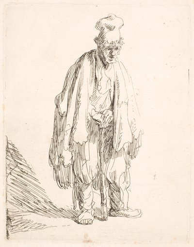 Bettler mit hoher Mütze, stehend und auf einen Stock gestützt von Rembrandt van Rijn