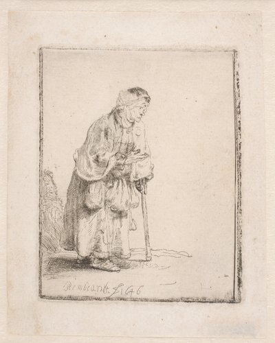 Bettlerin, die sich auf einen Stock stützt von Rembrandt van Rijn