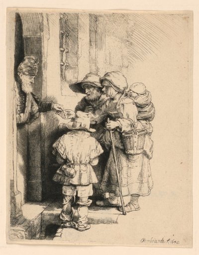 Bettler, die Almosen an der Tür eines Hauses erhalten von Rembrandt van Rijn