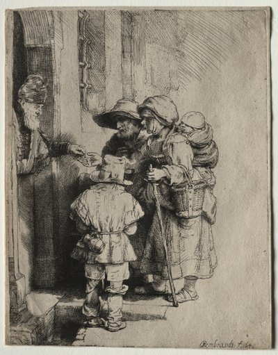 Bettler empfangen Almosen an der Tür eines Hauses, 1648 von Rembrandt van Rijn