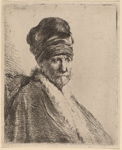 Büste eines Mannes mit hohem Hut, Dreiviertelansicht rechts (Der Vater des Künstlers?) von Rembrandt van Rijn
