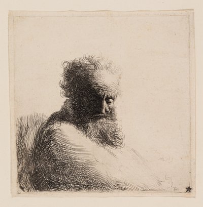 Büste eines alten bärtigen Mannes, der nach unten schaut, drei Viertel rechts von Rembrandt van Rijn