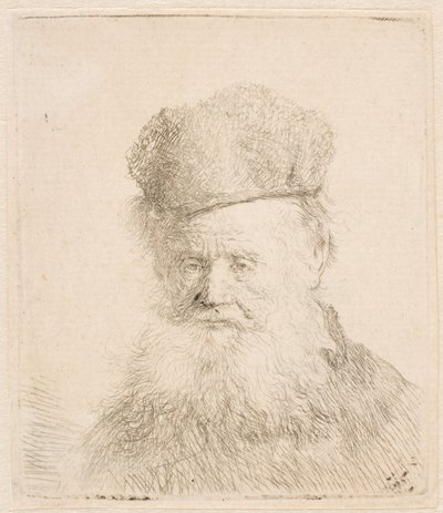 Büste eines alten Mannes mit Pelzmütze und fließendem Bart: fast frontal: Augen direkt von Rembrandt van Rijn