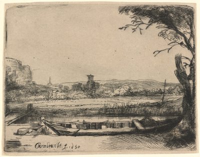 Kanal mit einem großen Boot und einer Brücke von Rembrandt van Rijn