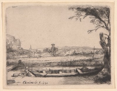 Kanal mit einem großen Boot und einer Brücke von Rembrandt van Rijn