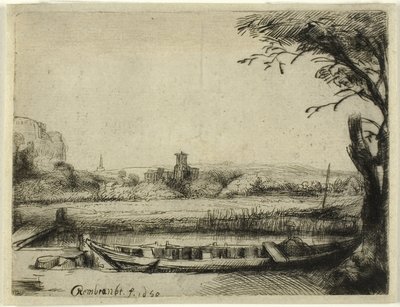 Kanal mit großem Boot und Brücke von Rembrandt van Rijn