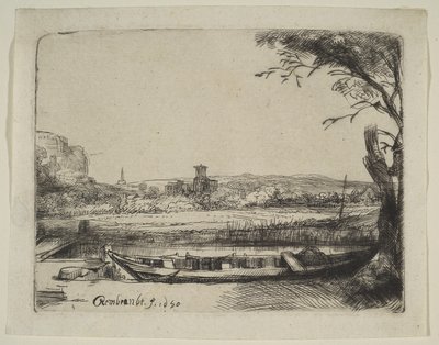 Kanal mit einem großen Boot und einer Brücke, 1650 von Rembrandt van Rijn
