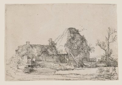 Hütte und Bauerngebäude mit einem zeichnenden Mann von Rembrandt van Rijn