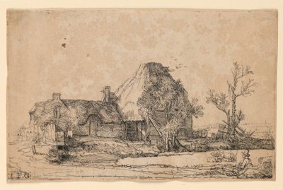 Hütten und Bauernhofgebäude mit einem Mann, der skizziert von Rembrandt van Rijn
