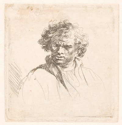 Lockenköpfiger Mann mit schiefem Mund von Rembrandt van Rijn