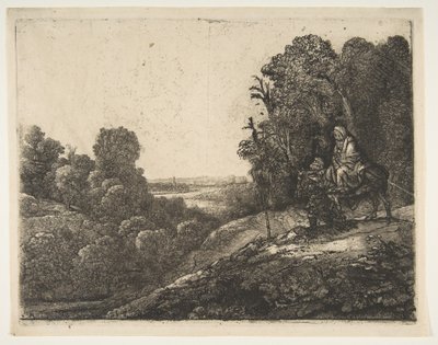 Flucht nach Ägypten: Verändert von Tobias und der Engel von Hercules Segers, ca. 1653 von Rembrandt van Rijn