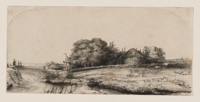 Landschaft mit Heuscheune und Schafherde von Rembrandt van Rijn