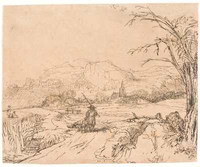 Landschaft mit einem Sportler und Hunden von Rembrandt van Rijn
