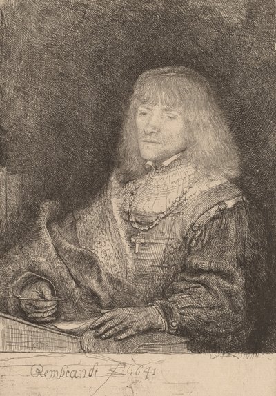 Mann an einem Schreibtisch mit Kreuz und Kette, 1641 von Rembrandt van Rijn