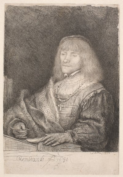 Mann am Schreibtisch, mit Kreuz und Kette von Rembrandt van Rijn