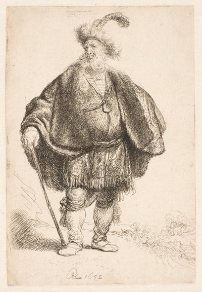 Mann in orientalischem Kostüm und gefiederter Pelzmütze von Rembrandt van Rijn