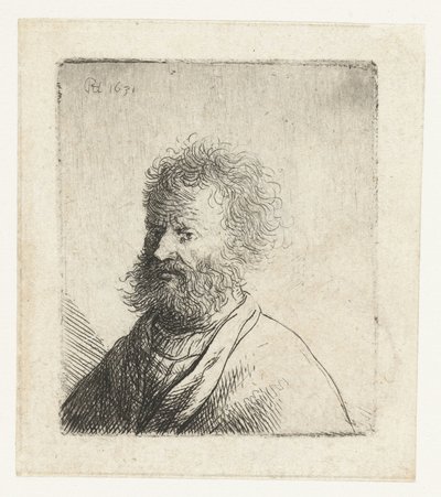 Mann mit quadratischem Bart und lockigem Haar: Büste von Rembrandt van Rijn