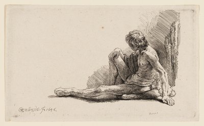 Nackter Mann, der auf dem Boden sitzt, mit einem ausgestreckten Bein von Rembrandt van Rijn
