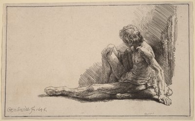 Nackter Mann, auf dem Boden sitzend, mit einem ausgestreckten Bein von Rembrandt van Rijn