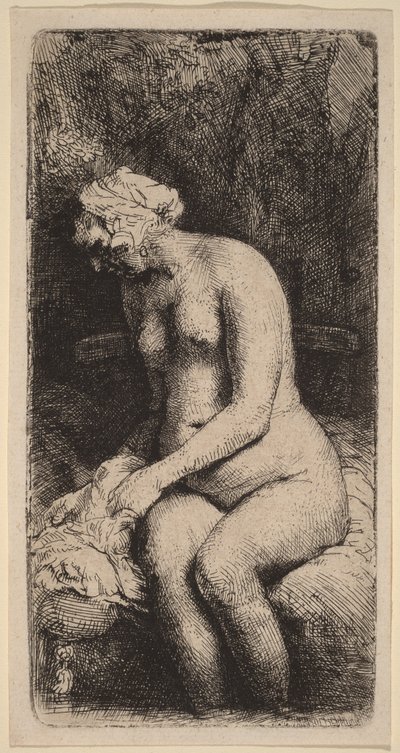 Nackte auf einer Bank mit Kissen (Frau badet ihre Füße an einem Bach) von Rembrandt van Rijn
