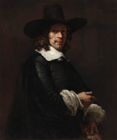 Porträt eines Gentlemans mit hohem Hut und Handschuhen von Rembrandt van Rijn