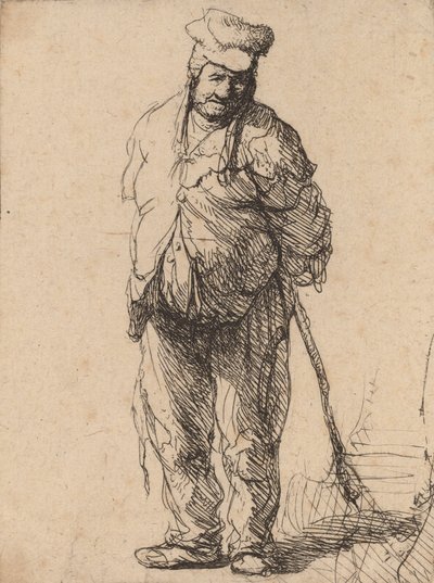 Zerlumpter Bauer mit hinter dem Rücken verschränkten Händen, der einen Stock hält, ca. 1630 von Rembrandt van Rijn
