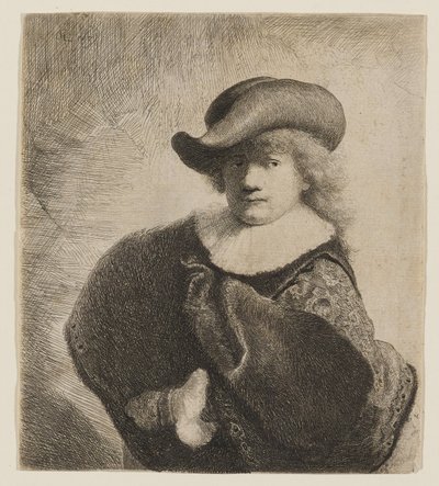 Rembrandt mit einem schiefen weichen Hut von Rembrandt van Rijn