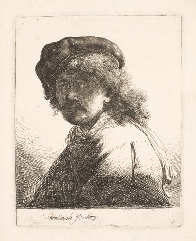 Rembrandt mit Mütze und Schal: das Gesicht dunkel: Büste von Rembrandt van Rijn