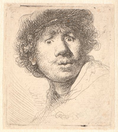 Rembrandt mit Mütze, mit offenem Mund und starrend: Büste in Umrissen von Rembrandt van Rijn