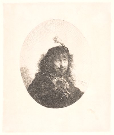 Rembrandt mit Federhut und gesenktem Säbel: Dreiviertellänge: danach Büste im Oval von Rembrandt van Rijn