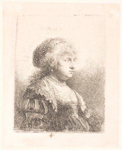 Rembrandts Frau Saskia, mit Perlen im Haar, Büste von Rembrandt van Rijn
