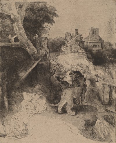 Der heilige Hieronymus liest in einer italienischen Landschaft von Rembrandt van Rijn