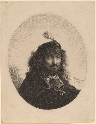 Selbstporträt (?) mit Federhut und gesenktem Säbel von Rembrandt van Rijn
