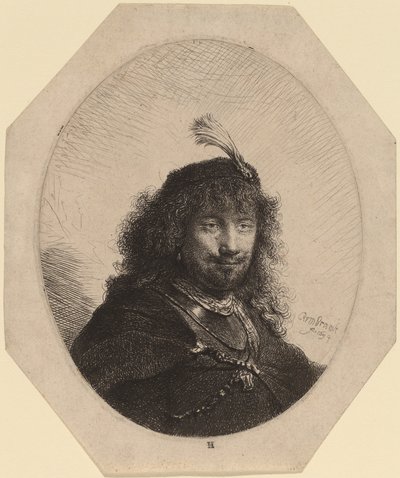 Selbstporträt (?) mit Federhut und gesenktem Säbel von Rembrandt van Rijn