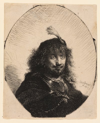 Selbstporträt (?) mit Federhut und gesenktem Säbel von Rembrandt van Rijn