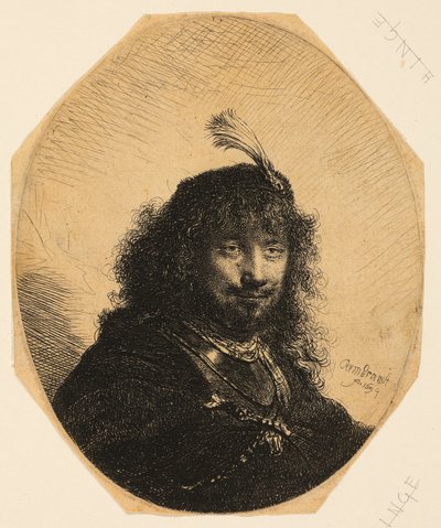 Selbstporträt (?) mit Federhut und gesenktem Säbel von Rembrandt van Rijn