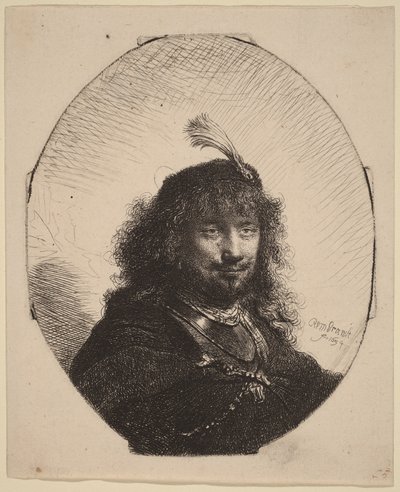 Selbstporträt (?) mit Federhut und gesenktem Säbel von Rembrandt van Rijn