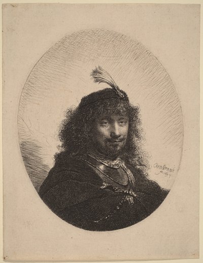 Selbstporträt (?) mit Federhut und gesenktem Säbel von Rembrandt van Rijn