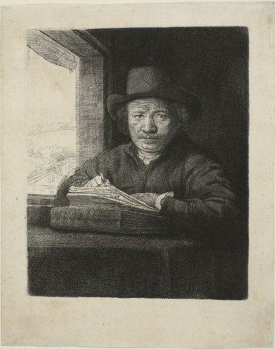Selbstporträt Radierung am Fenster von Rembrandt van Rijn