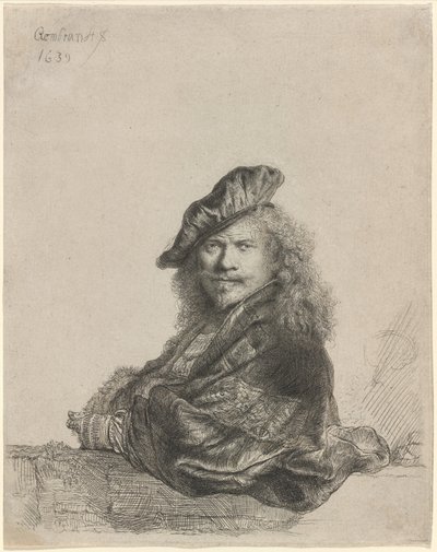 Selbstporträt, das sich auf eine Steinschwelle lehnt von Rembrandt van Rijn
