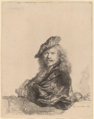 Selbstporträt, das sich auf eine Steinschwelle lehnt von Rembrandt van Rijn
