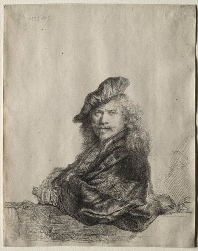 Selbstporträt, auf einen Steinsims gelehnt von Rembrandt van Rijn