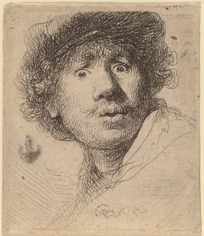 Selbstporträt mit Mütze, mit offenem Mund von Rembrandt van Rijn