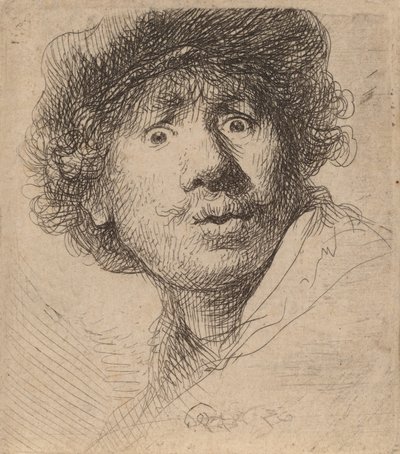 Selbstporträt mit Mütze, mit offenem Mund, 1630 von Rembrandt van Rijn