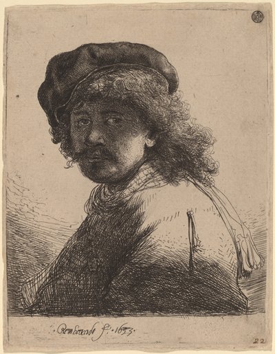 Selbstporträt mit Mütze und Schal, das Gesicht dunkel von Rembrandt van Rijn