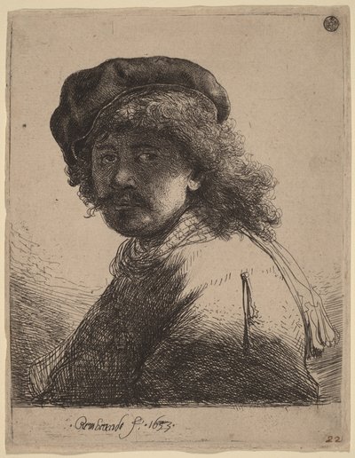 Selbstporträt mit Mütze und Schal, Gesicht dunkel von Rembrandt van Rijn