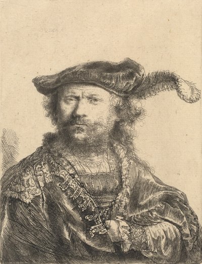 Selbstporträt in einer Samtkappe mit Feder, 1638 von Rembrandt van Rijn