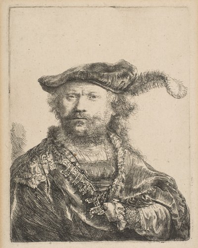 Selbstporträt mit Samtkappe und Feder, 1638 von Rembrandt van Rijn