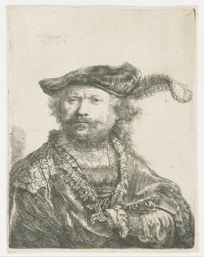 Selbstporträt mit Samtkappe und Feder von Rembrandt van Rijn